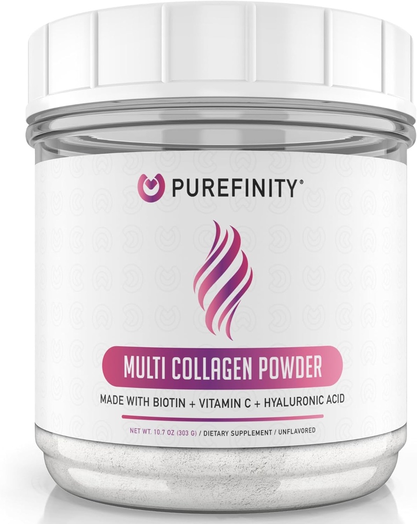PUREFINITY Collagen Peptides for Women – Type I, II, III, V & X with Biotin & Hyaluronic Acid, Supports Healthy Skin, Bones, Hair & Nails – Non-GMO, Grass-Fed, Unflavored, 10.7oz (1 Month Supply)