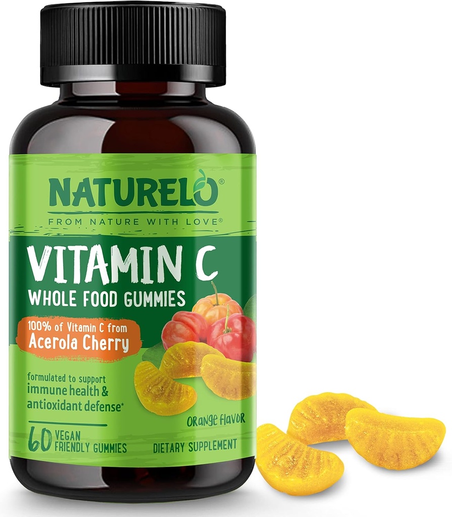 NATURELO Whole Food Vitamin C Gummies, Vitamin C from Acerola Cherry, Plant-Based Supplement, 60 Vegan-Friendly Gummies