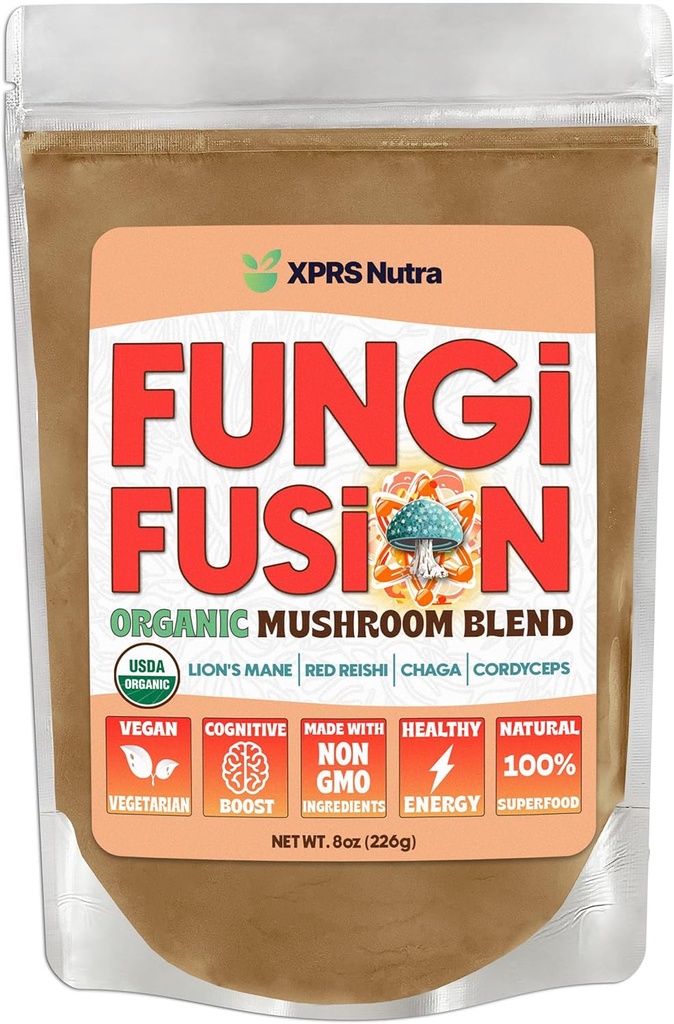 XPRS Nutra Svampe Fusion Organic Mushroom Powder Blend, Premium Blend of Lion 's Mane, Reishi, Chaga, Cordyceps for Mental Clarity, Cognition, Energi og Immunitet - 8 Ounce
