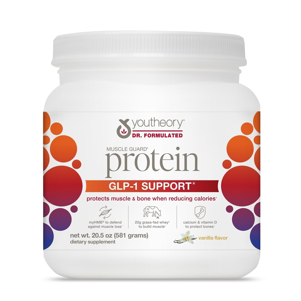 Youtheory Muscle Guard Protein GLP-1 Support - 20.5 oz (12 Servings) - Whey Protein Powder - Grass-Fed Whey with myHMB, Calcium & Fibersol Prebiotic Fiber - Supports Muscle & Bone Health - Vanilla