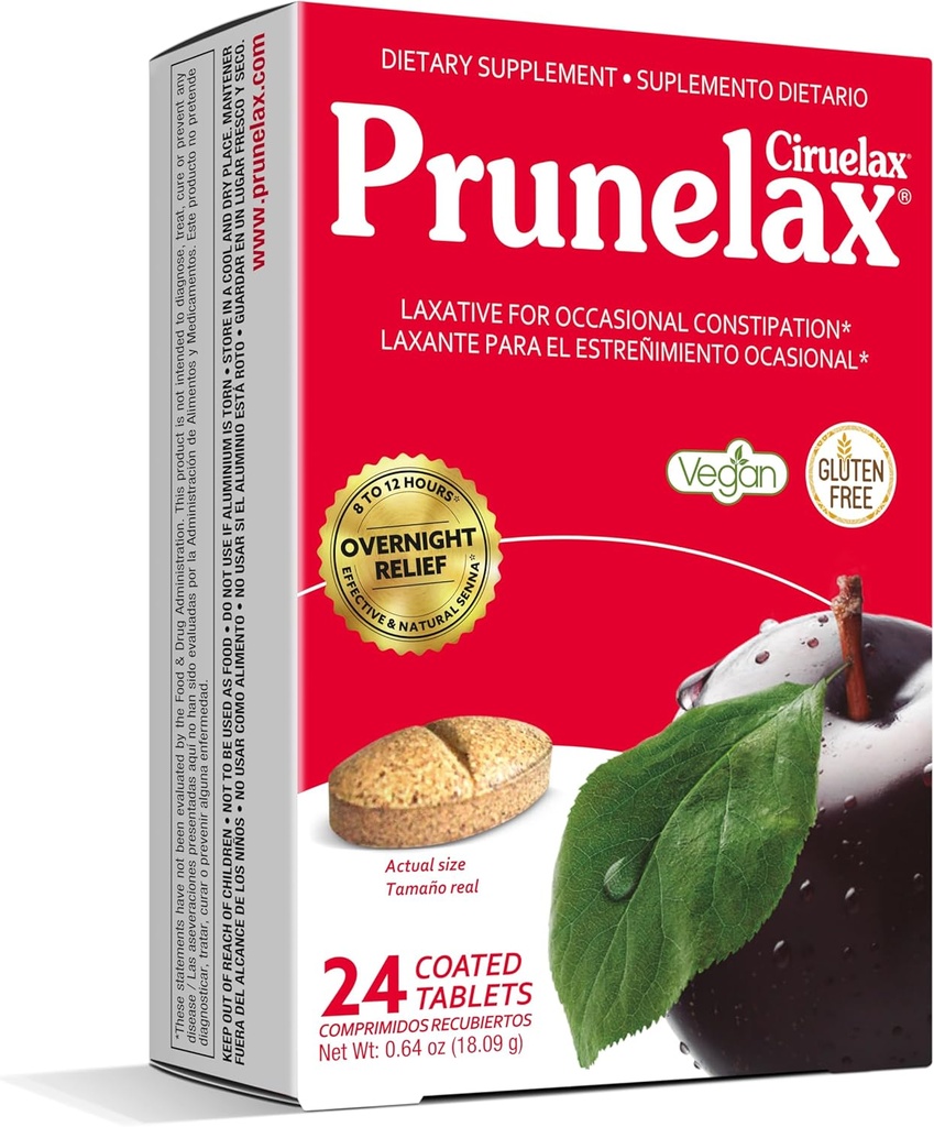 Prunelax Ciruelax Regelmæssig styrke Laxative Tablets - Overnatning Relief for lejlighedsvis Forstoppelse, Senna Extract, Vegan & Gluten- Free, Fast- Actioning Gentle Relief - 24ct