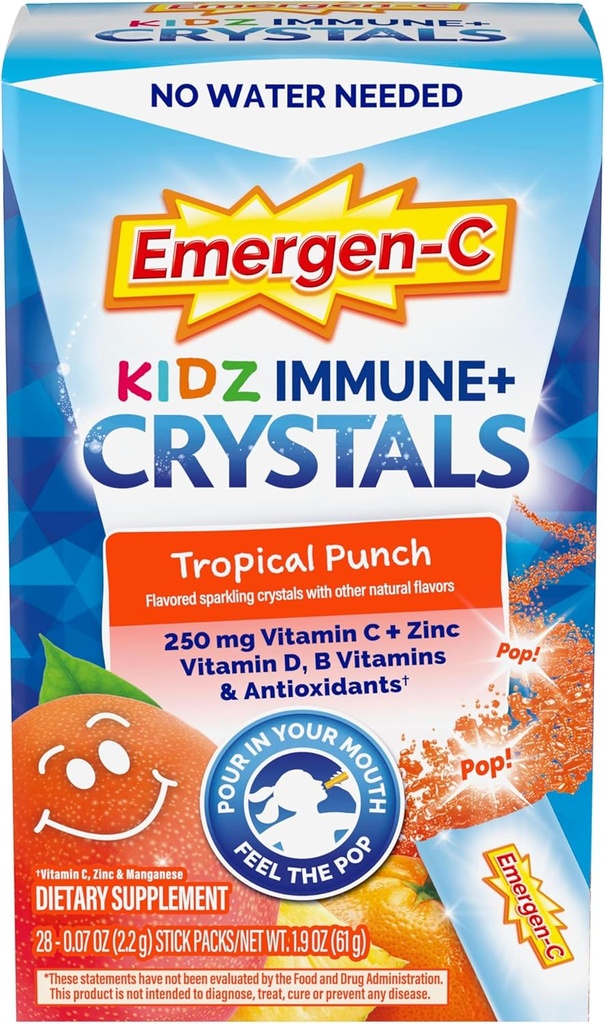 Emergen- C Kidz immunPlus krystaller, On- The- Go immunforsvar supplement med C-vitamin, D-vitamin, B-vitaminer, zink og mangan, Tropical Punch, Tilbage til skolen Essentials - 28 Stick Packs