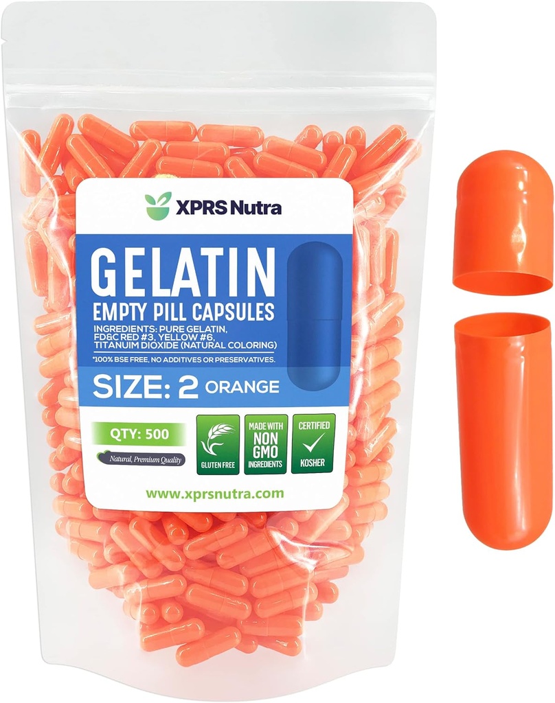 XPRS Nutra Størrelse 2 Tomme kapsler - 500 Tomme Gelatine kapsler - Piller gør det - Pure Bovin Pille Gel Caps til Do- It- Yourself Kosttilskud (Orange)