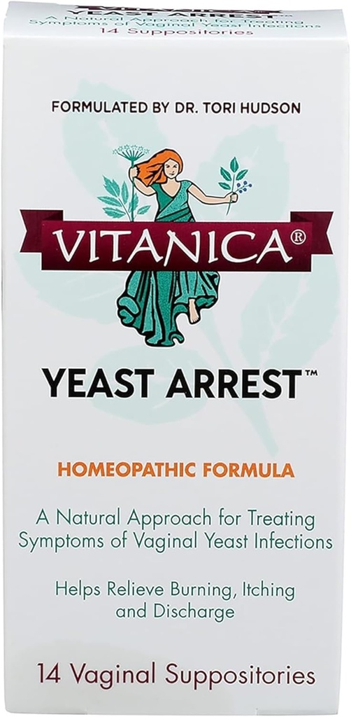 Vitanica Yeast Arrest, Homøopatiske vaginal suppositorier, for Yeast Infektion Symptomer, Relieves Burning, Kløe & Decharge, med Boric Acid, Tea Tree Oil & Probiotics, Vegan (Gær Arrest, 14)