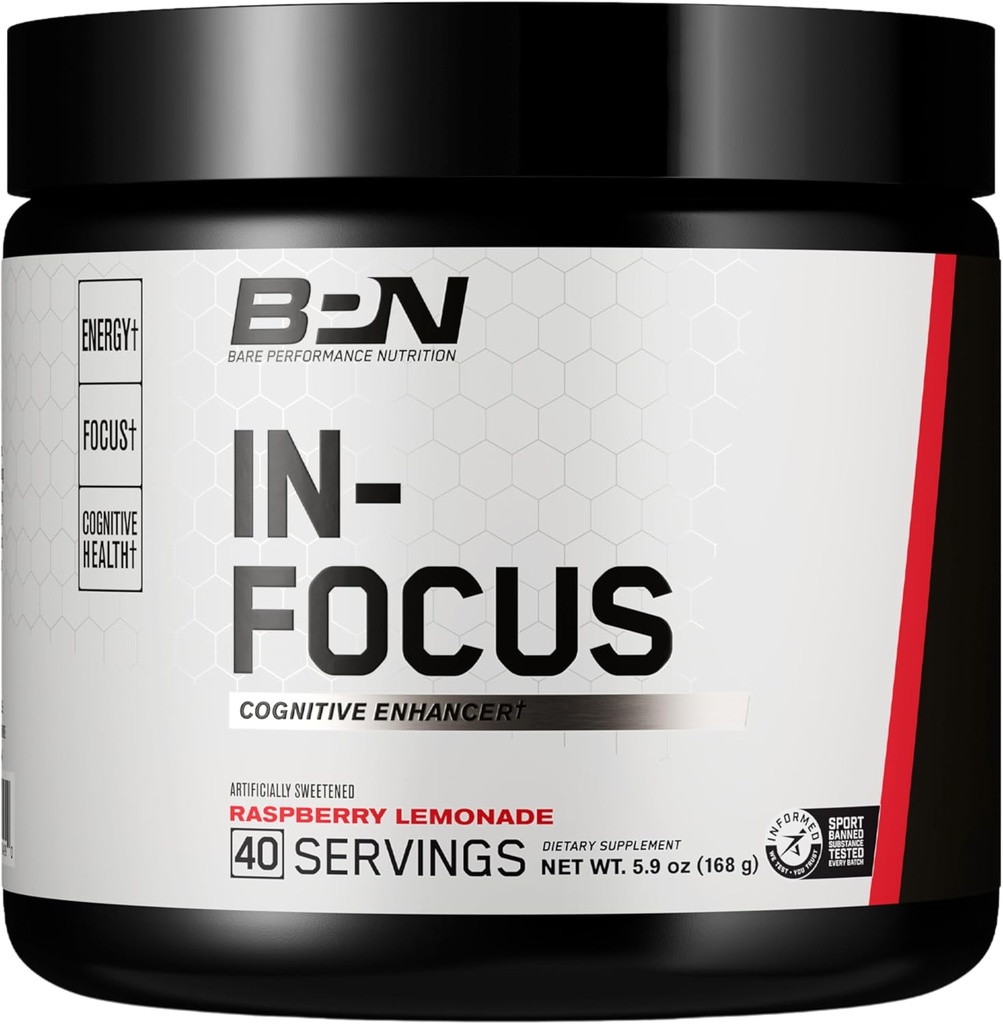 BARE YDEEVNE NUTRITION, BPN in- Focus Brain Support Supplement, Forbedre fokus & energi, Alpha GPC, Raspberry Lemonade, 40 Serveringer
