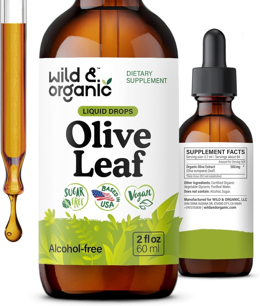 Wild & Organic Olive Leaf Extract Liquid Drops - Antioxidant & Immunsupport - Oleuropein Olive Leaf Supplement - Vegan, Sukker & Alkohol- Free Drops - 2 fl oz
