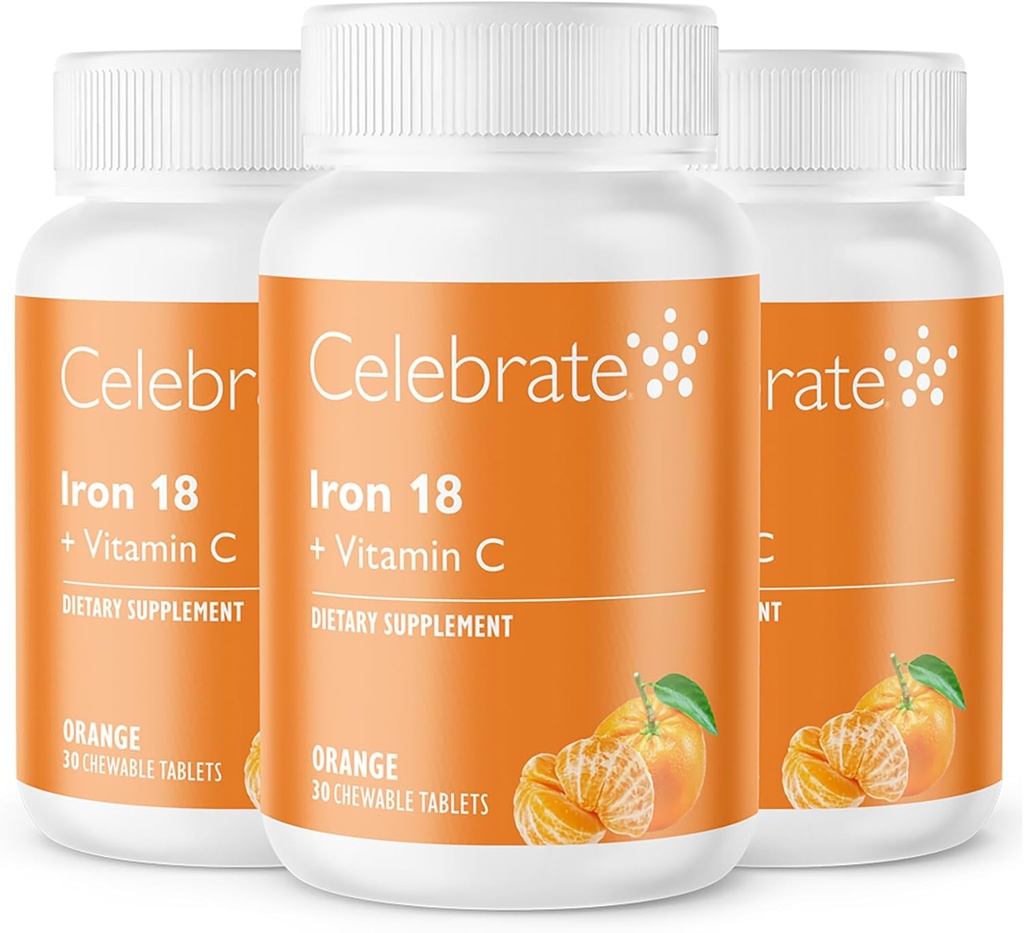Fejre Vitamin jerntilskud med C-vitamin - 18mg jern, 36mg C-vitamin, Bariatriske Vitamin til WLS patienter, Lodret Ærme & Gastrisk bypass Kirurgi - Tangerine, 90 tyggetabletter
