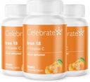 Fejre Vitamin jerntilskud med C-vitamin - 18mg jern, 36mg C-vitamin, Bariatriske Vitamin til WLS patienter, Lodret Ærme & Gastrisk bypass Kirurgi - Tangerine, 90 tyggetabletter