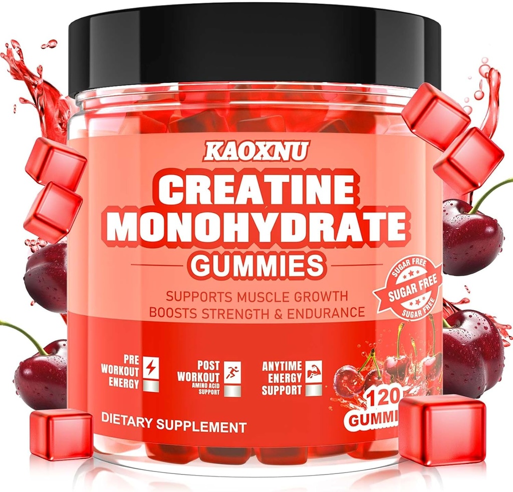 Creatine monohydrat Gummies 5600mg for mænd og kvinder, 120 CT tyggetabletter Creatine Gummies for Muscle Support, Energy Boost, 5,6g Creatine Monohydrat per servering - Sukker fri, Vegan (Cherry Flavor)