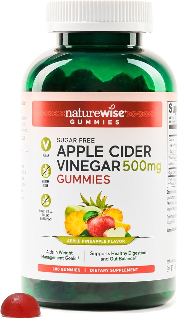 NatureWise Apple Cider Vinegar ACV Gummies - 1000mg ACV per 2, Sugar Free, Vegan - Energy & Gut Health - ACV Gummies W / Vitamin B12- 180 Gummies [3- Måned Supply for 1000mg / 6- Måned Supply for 500mg]
