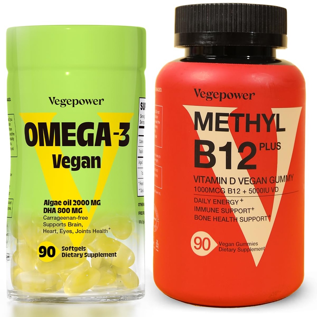 Vegan Omega-3 + Vitamin B12 Gummy | Algae Omega-3 DHA Supplements for Brain, Heart Eyes Health | Methyl B12 1000 mcg & Vitamin D 5000 IU for Energy and Immune Support - 90 Count