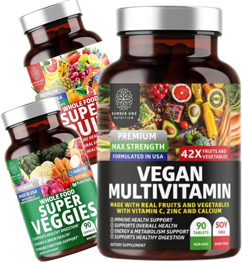 Nummer et ernæring N1N Premium Super Frugt & Veggies Supplement [40 Whole Foods] og Vegan Multivitamin [86 Ingredienser, Plantbaserede], 2 Pack Bundle