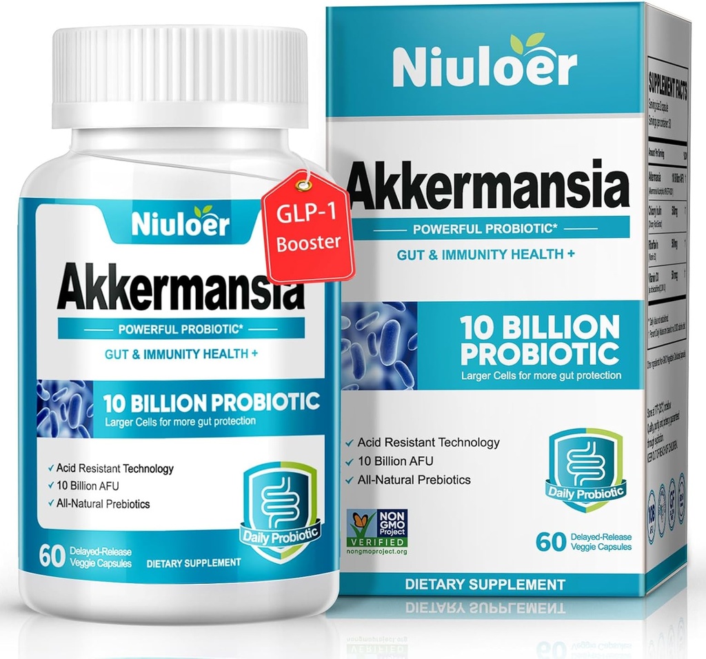 Akermansia Probiotic, GLP-1 Probiotika for kvinder & mænd - 10 Millioner AFUs + Organic Prebiotics, fordøjelsesbesvær, Gut, immunforsvar & samlet sundhed, forbedrer Gut fordøjelsesfunktion (60 kapsler, 1 - Pack)