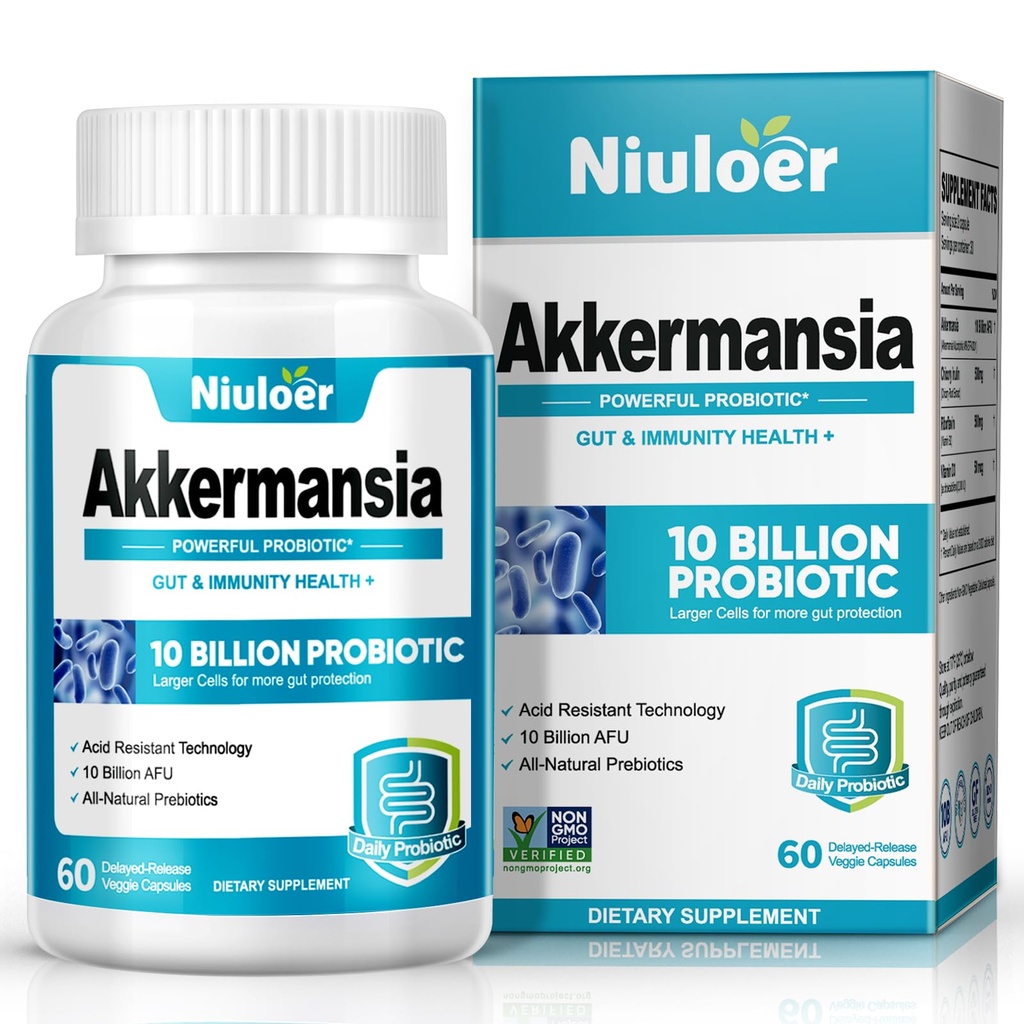 Akermansia Probiotic, GLP-1 Probiotika for kvinder & mænd - 10 Millioner AFUs + Organic Prebiotics, fordøjelsesbesvær, Gut, immunforsvar & samlet sundhed, forbedrer Gut fordøjelsesfunktion (60 kapsler, 1 - Pack)