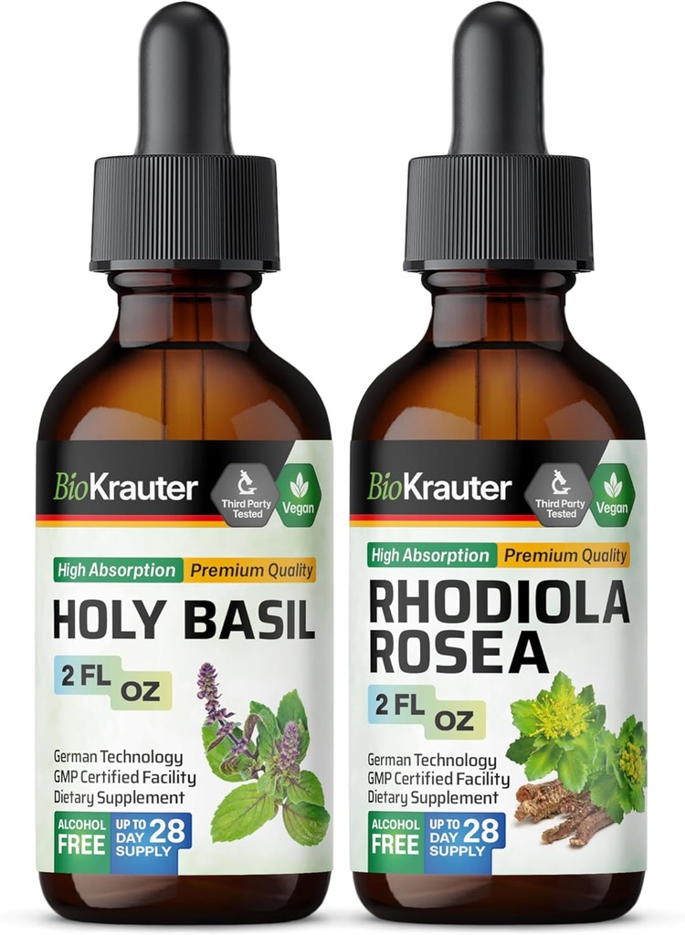 BIO KRAUTER Holy Basil tinktur 2 Fl. Oz. & Rhodiola Rosea tinktur 2 Fl. Oz.