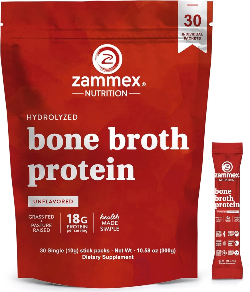 Zammex Bone Broth Collagen Packetts- 20g Collagen Protein- Bone Broth Powder to Go- 30 Travel Packetts- Supporters Skin Nails Joints, Gut Health Budd124; Gluten- Free Budd124; Keto & Paleo Friendly-Natural Flavor