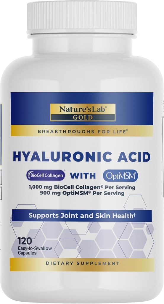 Nature 's Lab Hyaluronic Acid med Biocell Collagen og MSM - Skin Hydration, fælles sundhed - 120 kapsler (40 dages forsyning)