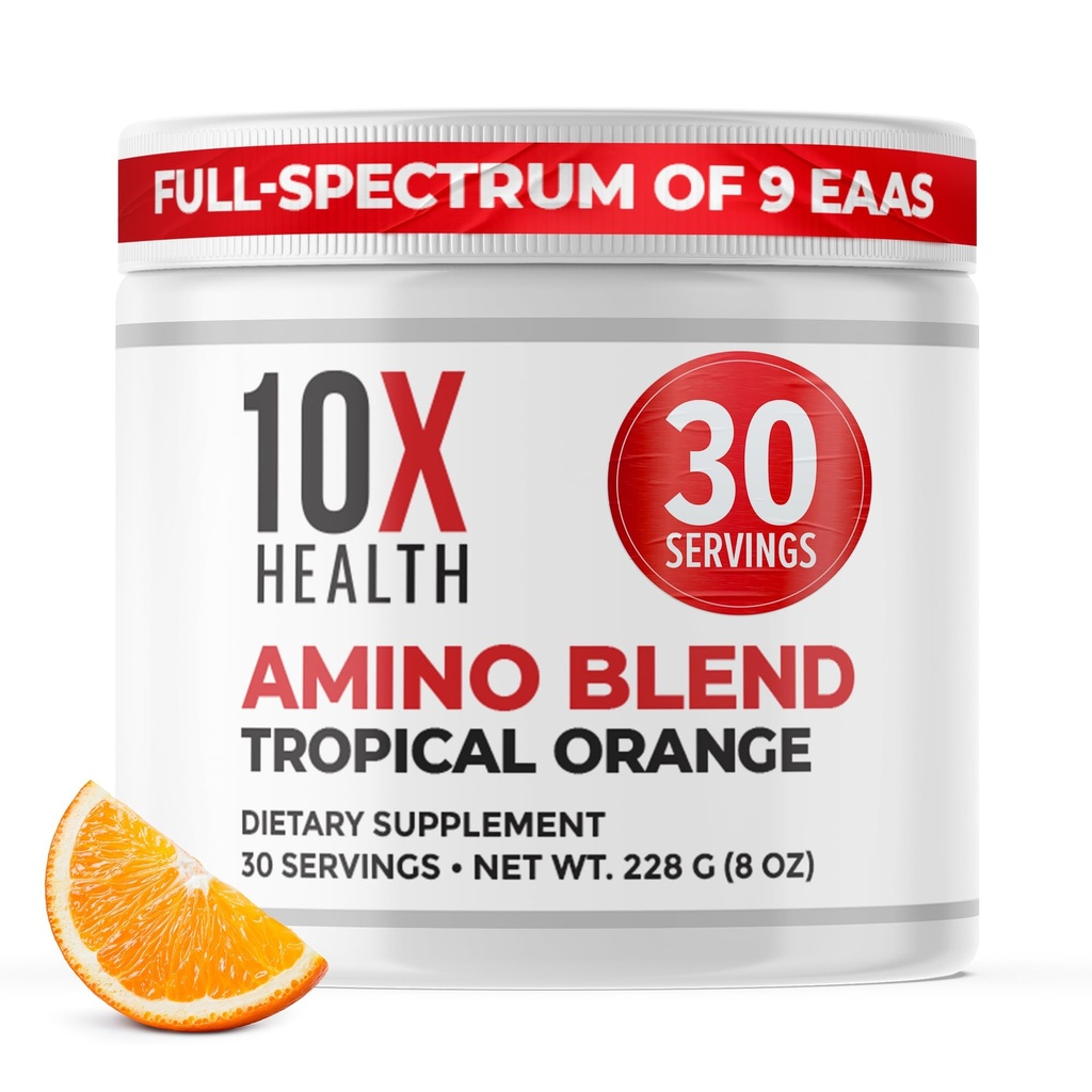 10X Health Aminosyrer - 30 Servering af EAA & BCAA pulver, Pre Workout BCAA med essentielle aminosyrer supplement - BCAA & EAA for Longevity, Muskelstøtte, Styrke, Energi - Tropical Orange