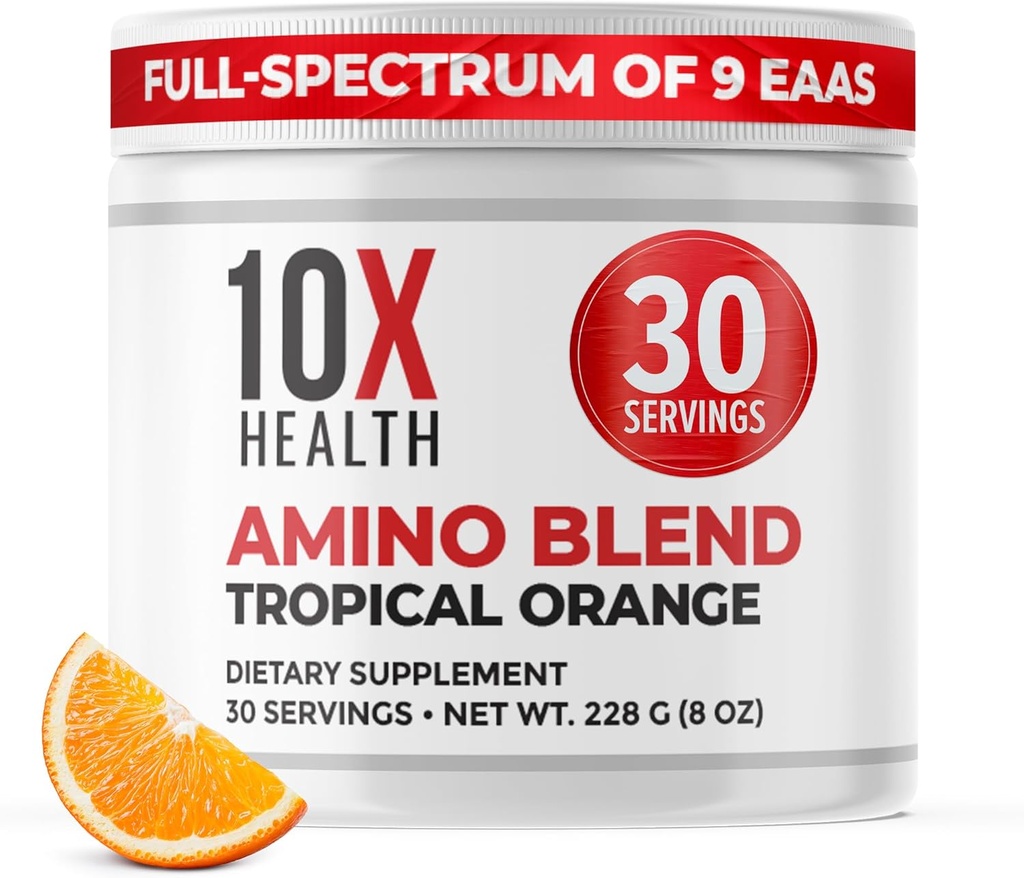 10X Health Aminosyrer - 30 Servering af EAA & BCAA pulver, Pre Workout BCAA med essentielle aminosyrer supplement - BCAA & EAA for Longevity, Muskelstøtte, Styrke, Energi - Tropical Orange