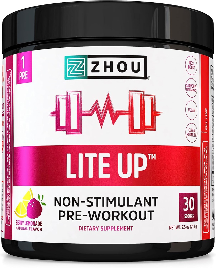 Zhou Lite Up - Non Stim Powder, nitrogenoxid Stim Free Supplement for mænd og kvinder, Koffein Free Boost, Clean Formel - Berry Lemonade Flavor, 7,5 oz Jar (30 Scoops)