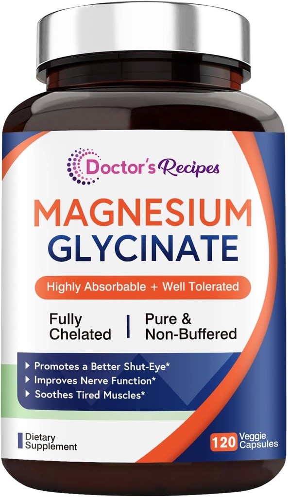 Lægens opskrifter Magnesium Glycinat, Chelated & Non Buffered, Højt Absorberbare, for børn og voksne, for afslapning & søvn, Non GMO, 120 Vegan Caps