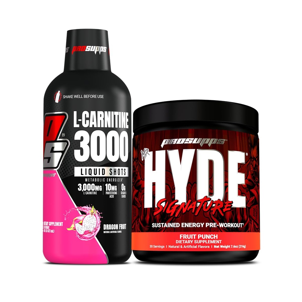 PROSUPPS L- Carnitin 3000 Stimulant Free Liquid Shots (Dragon Fruit) og Mr. Hyde Signature Series Pre- Workout Energy Poweded Drink (Fruit Punch) Bundle