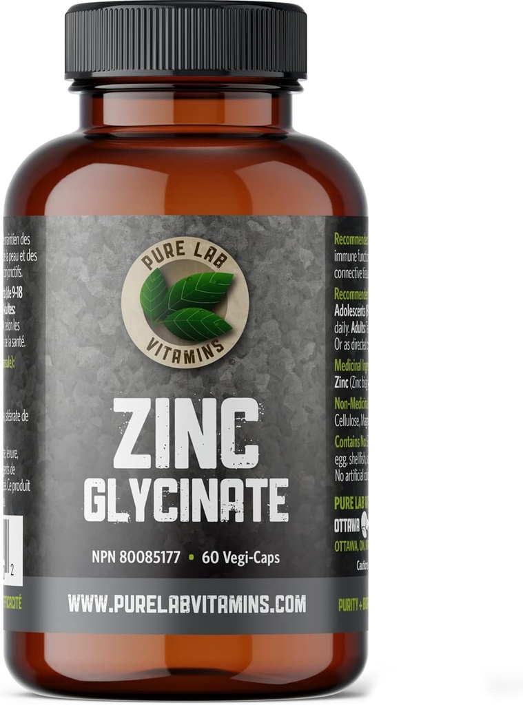 Zink Glycinate 23 mg Supplement - 60 Veganske Caps af Pure Lab Vitamin - Aminosyresalt til sund hud og negle - Understøtter immunsystemet, prostata, Vision - Made in Canada