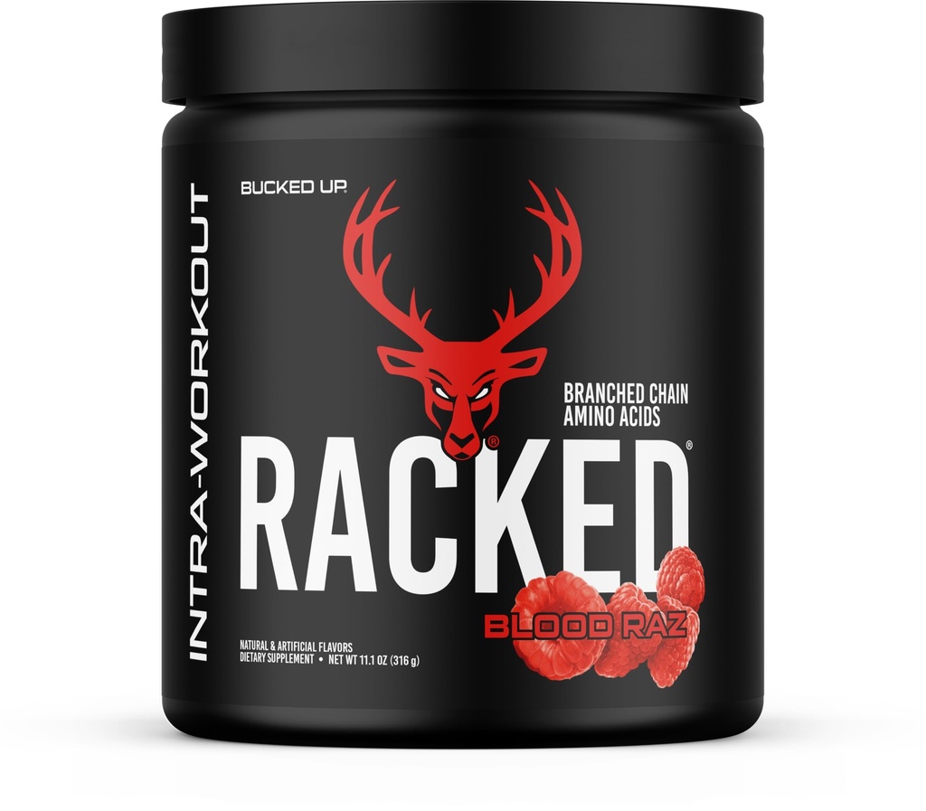 Bucked Up-BCAA RACKED ™ Branch Chained Amino Acids ttesmå 124; L- Carnitin, Acetyl L- Carnitin, GBB; Post Workout Inddrivelse, Protein Syntese, Lean Muscle BCAAs, at du kan føle! 30 Servering (Blood Raz)