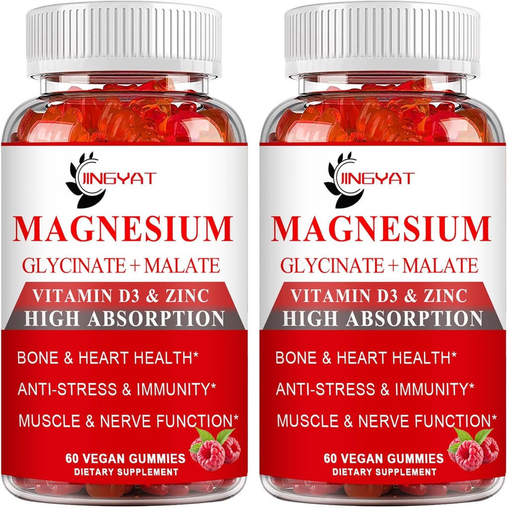 (2 Pack) Cortisol Supplement Magnesium Gummies 1000mg for mænd og kvinder, Magnesium Complex Supplement w / Glycinate 500mg, Malat 500mg, Vitamin D3, Zink - Vegan & Natural