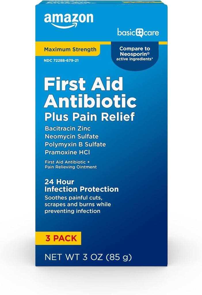 Grundlæggende pleje maksimal styrke førstehjælp tredobbelt antibiotisk salve, smertelindring for mindre stykker, skraber og brænder, 3 ounce (pakke med 1)