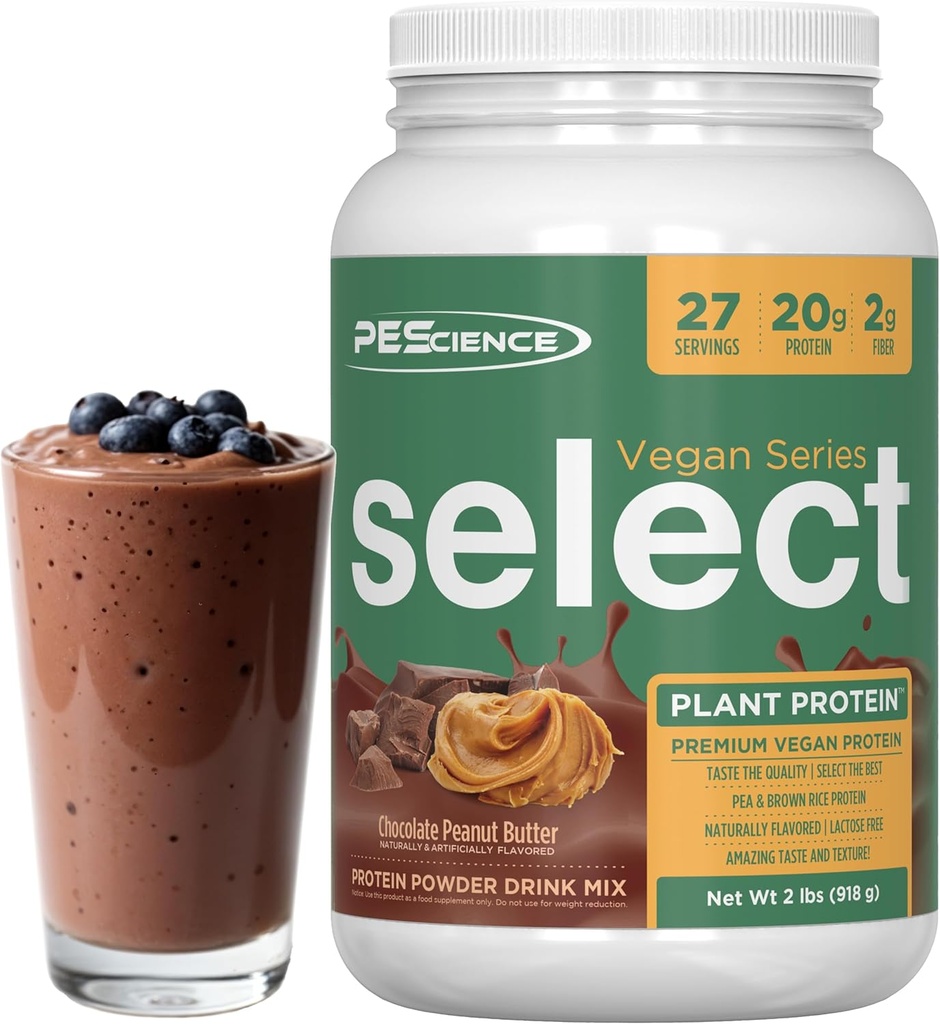 PEScience Select Vegan Protein Powder, Plant Based Protein Powder, Amazing Taste, Smooth Texture, Pea and Brown Rice Blend, Dairy Free, Lactose Free, Gluten Free - Chocolate Peanut Butter, 27 Servings