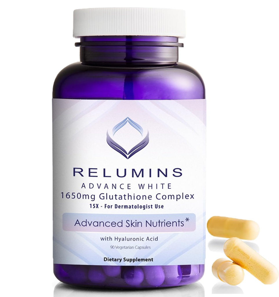 Reluminer 1650mg L- Glutathione Complex med Hyaluronsyre, Alpha Lipoic Acid, Rose HIPS, Vitamin E & Riboflavin - Antioxidant Support, Perfekt til opnåelse af en ferie glød, Lavet i USA - 90 Kapsler