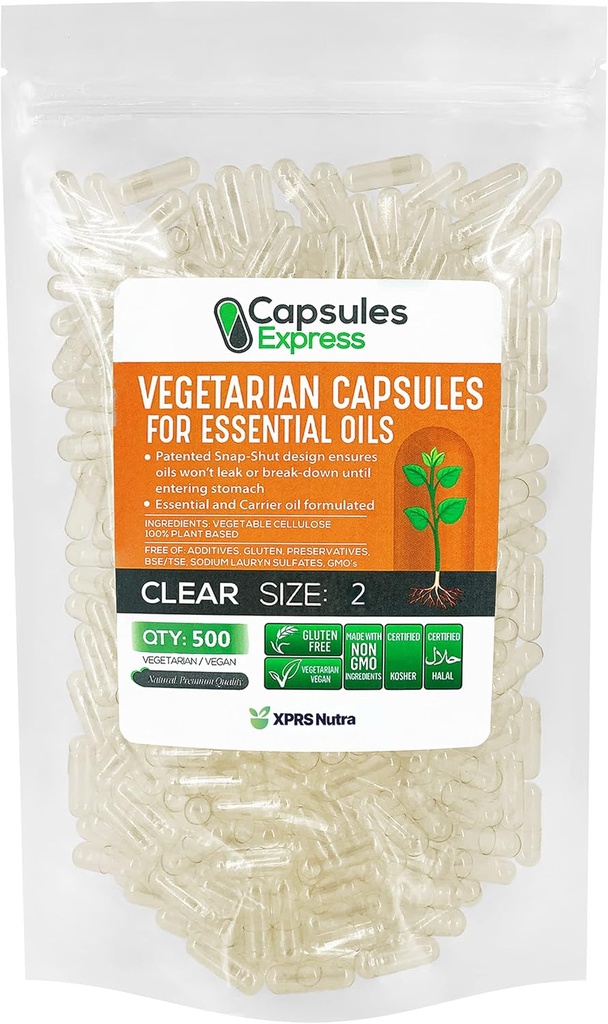 XPRS Nutra Størrelse 2 Tomme Veganske Kapsler - 500 Count Clear Veggie Caps til essentielle olier - Tomme Vegetabilske Kapsler til essentielle olier - DIY Pill Filling