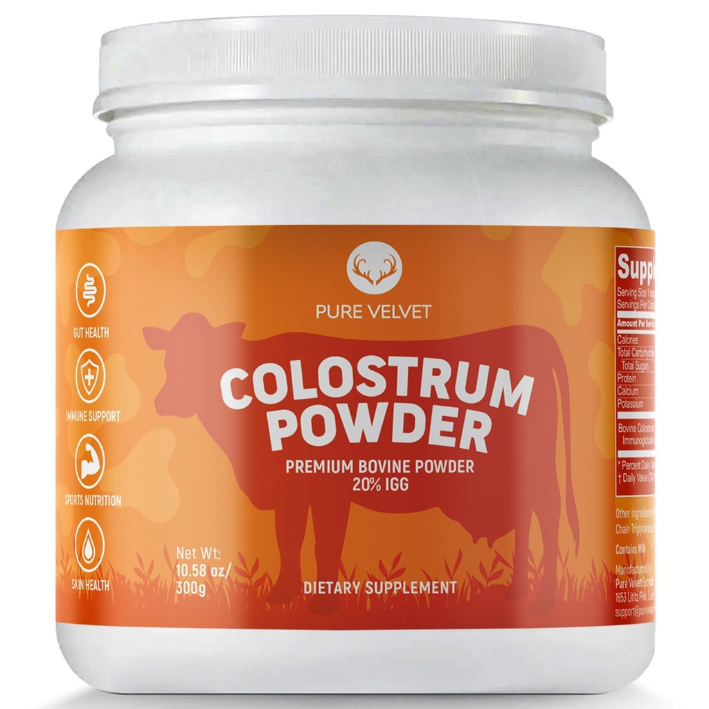 Pure Velvet Colostrum Pulver til Gut Sundhed, Bloating, Hårvækst, immunforsvar, Kovine Cow Sourced Colostrum Protein, Lactoferrin Supplement, Indeholder Dairy med immunoglobuliner (IgG) (10 Ounce)