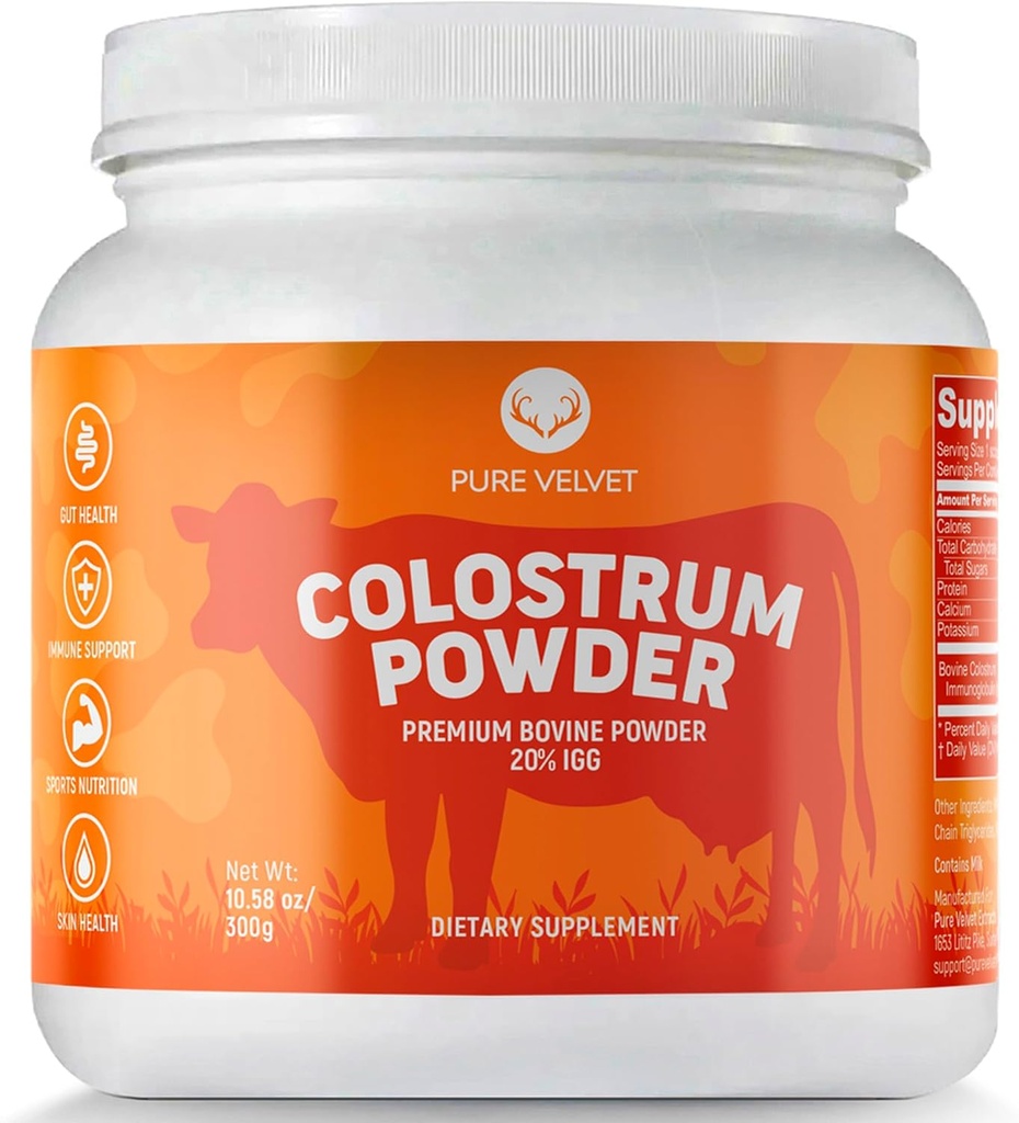 Pure Velvet Colostrum Pulver til Gut Sundhed, Bloating, Hårvækst, immunforsvar, Kovine Cow Sourced Colostrum Protein, Lactoferrin Supplement, Indeholder Dairy med immunoglobuliner (IgG) (10 Ounce)