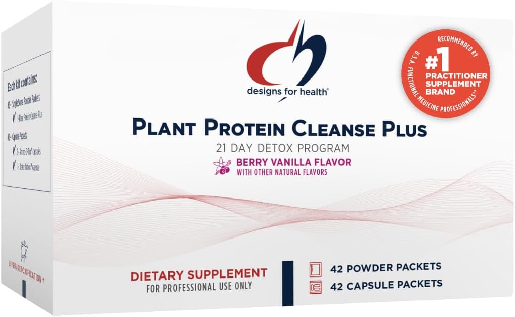 Design til sundhed Plant Protein Cleanse Plus 21 Dag Detox Program - fremmer sund leverfunktion + Metabolisk Rengøring med antioxidanter + urter, Vegetar (42 Protein Powder Drink + Vitamin Packs)