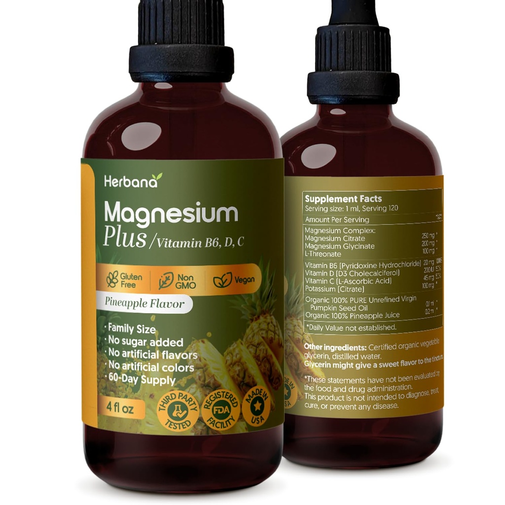 Magnesium Plus Ananasflaske - Magnesiumcitrat, Glycinat / L- threonat & vitamin B6, D, C / flydende dråber Supplement 4 fl oz - Avanceret kompleks - 90-dages forsyning