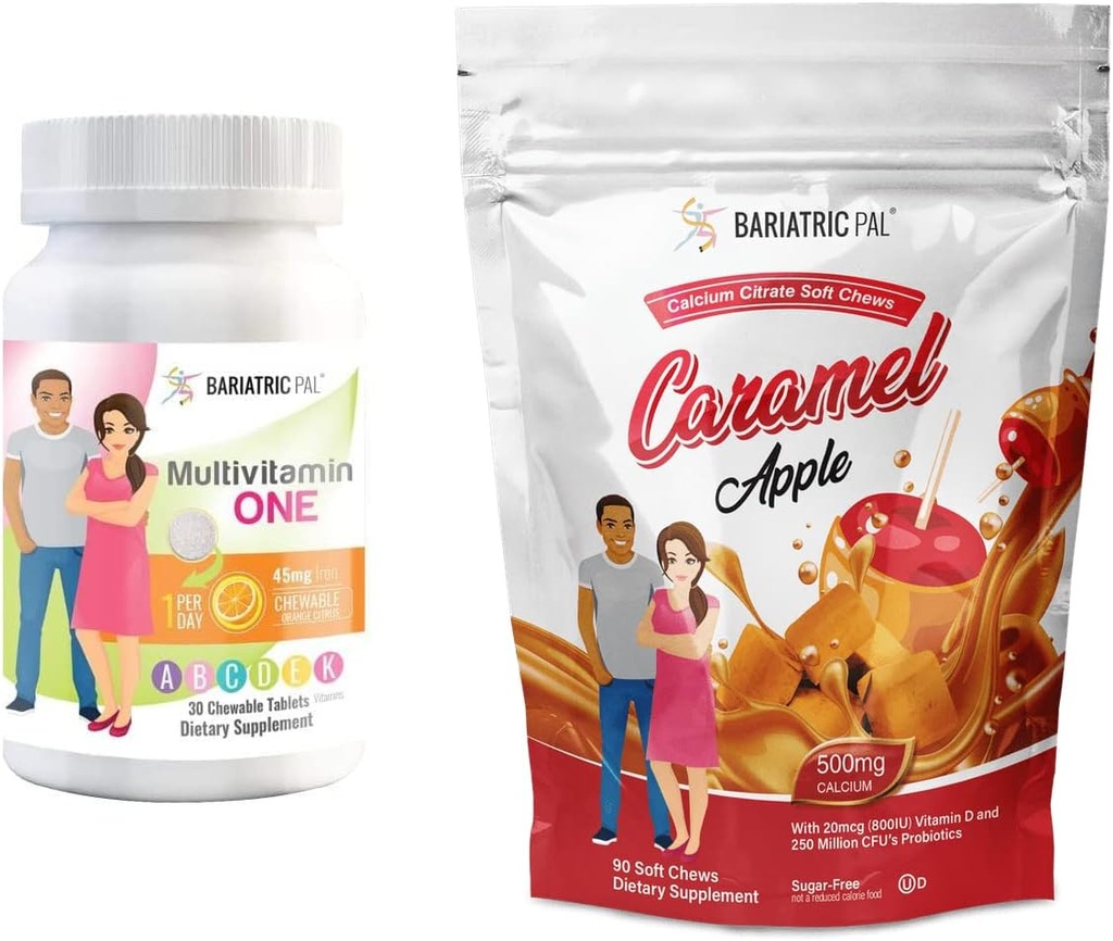 BariatricPal 30- Day Bariatric Vitamin Bundle (Multivitamin ON1 per dag! med 45mg jern Chewable - Orange Citrus og Calcium Citrat Soft Chews 500mg med Probiotika - Caramel Apple)