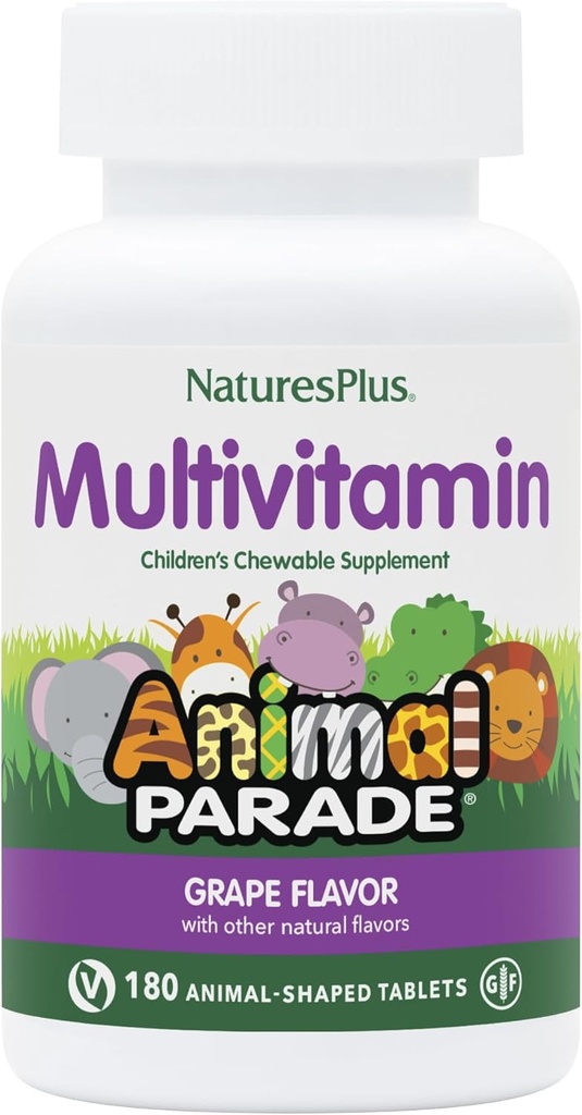 NaturesPlus Animal Parade Children 's Chewable Multivitamin - Grape Flavor - 180 Animal- Shaped Tablets, Pack of 2 - fremmer sundhed & velvære - Vegetarisk, Gluten Free - 180 Total Servering
