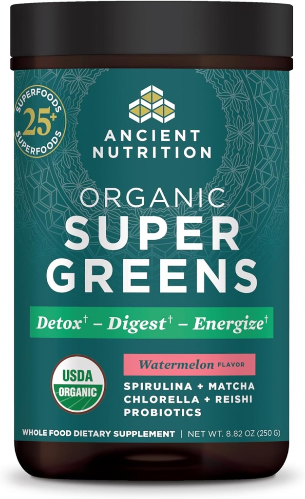 Ancient Nutrition SuperGreens pulver med Probiotika, Økologisk Vandmelon Flavor Grønne, Lavet af ægte frugter, Grøntsager og urter, til fordøjelse og energistøtte, 25 Servere, 8.82oz