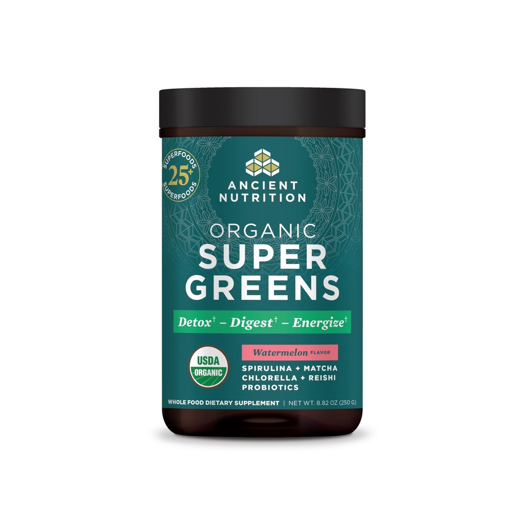 Ancient Nutrition SuperGreens pulver med Probiotika, Økologisk Vandmelon Flavor Grønne, Lavet af ægte frugter, Grøntsager og urter, til fordøjelse og energistøtte, 25 Servere, 8.82oz