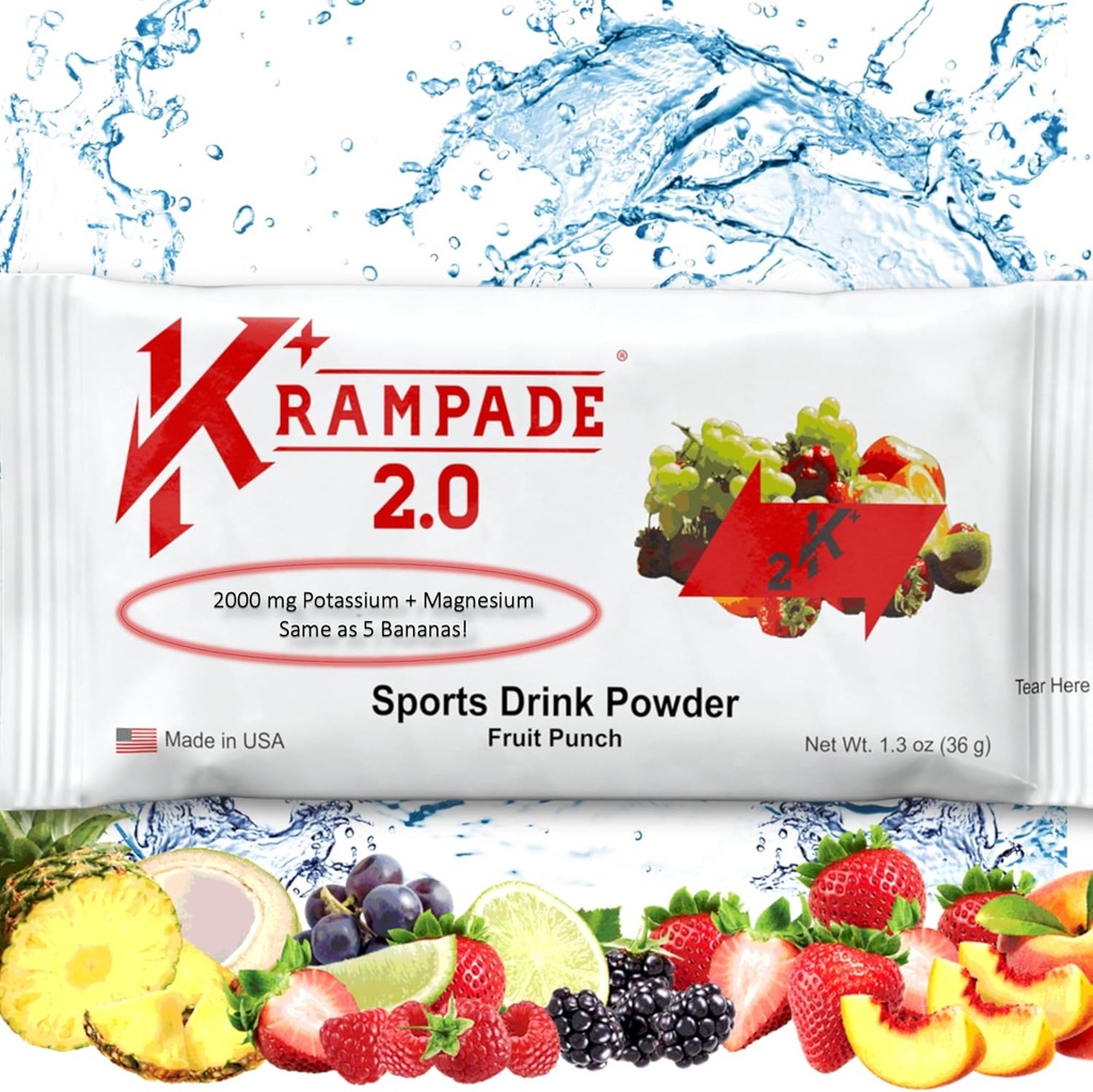Krampade 2, 0 2K: 50 mg Magnesium + 2000 mg Kalium Cramp Relief Electrolyte Drink Powder: Hurtigere Inddrivelse, Langsommere Træthed, Optimeret Hydrering