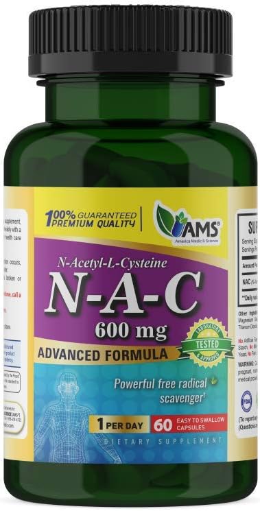 America Medic & Science NAC 600mg - NAC supplement for lung sundhed & immunforsvar, leverstøtte & antioxidanter - N- Acetyl- cystein - 60 kapsler (pakning med 1)