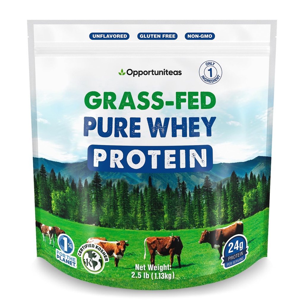 Opportuniteas Grass Fed Whey Protein Powder Concentrate - 1 Ingredient - Pure Protein Supplement for Drink, Smoothie, Shake, Cooking & Baking - Non GMO, Hormone Free & Gluten Free - 2.5 lbs
