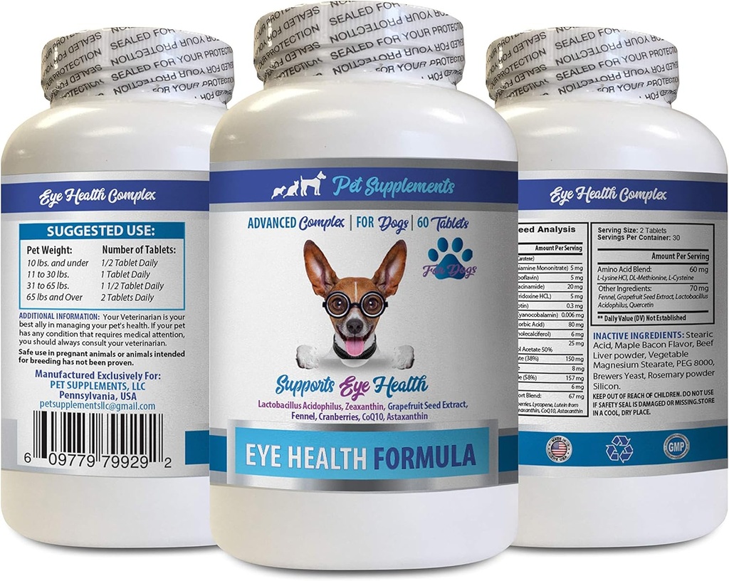 Hunde Eye Vitaminer - Hunde Eye Health Formel - Advanced Eye Support Complex - VETS Anbefalet - Hunde Lutein - 1 flaske (60 tabletter)