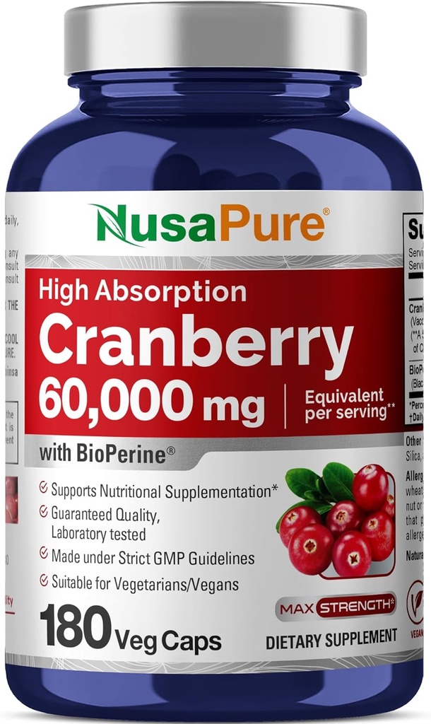 NusaPure Cranberry 60.000 mg 180 Veg Caps (Bioperine, non- GMO, Vegan)
