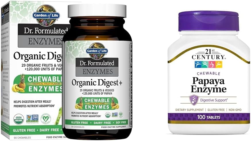 Livets have Dr. Formulerede fordøjelsesenzymer med papain, bromelain & 21. århundrede Papaya Enzyme tyggetabletter, Tropisk, 100 Greve
