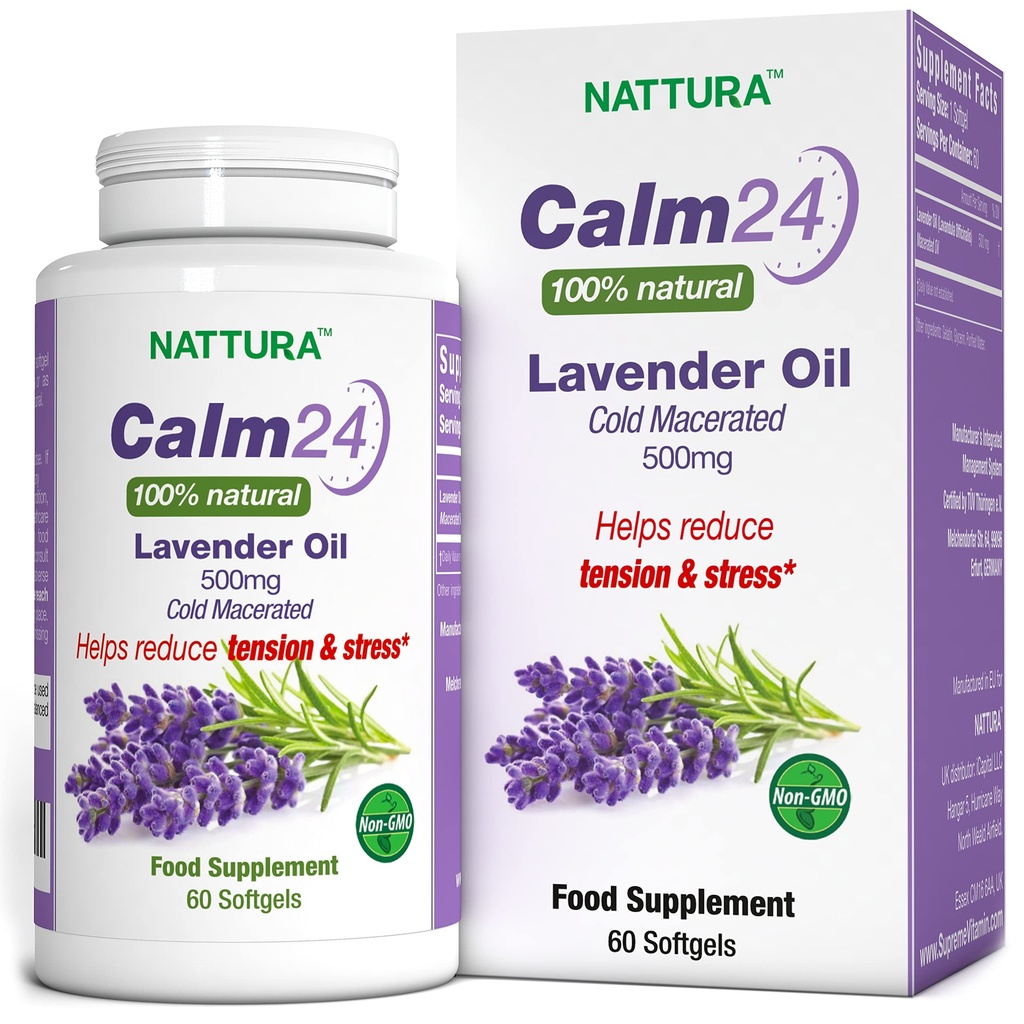 Nattura Calm Aid Lavender Oil Pills - 500mg - 60 Softgels - 100% Natural, Hjælper Reducere stress, Calming for Body & Mind, Non- GMO, Certified Kosher