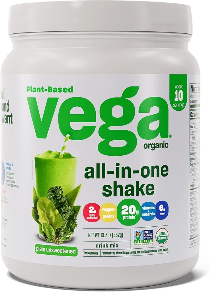 Vega Organic All- in- One Vegan Protein Powder, Plain Usødet - Superfood Ingredients, Vitaminer for Immunitet Support, Keto Friendly, Pea Protein for Women & Men, 13.5 oz (Packaging May Vary)