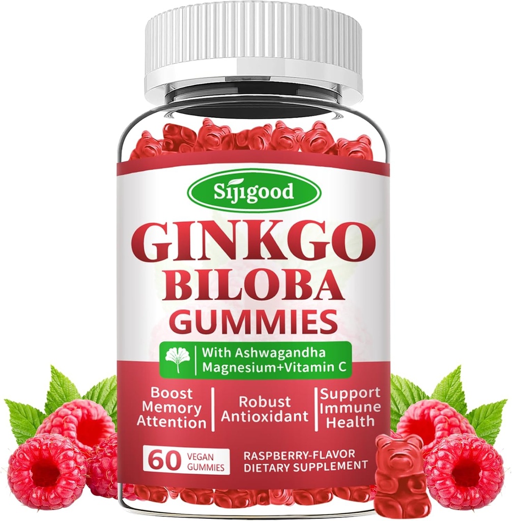 Ginkgo Biloba Gummies med Panax Ginseng og Magnesium, Ginkgo Biloba Kosttilskud til fokus, hukommelse og hjerne sundhed for voksne & børn, Vegansk Raspberry Flavor Gummies, 60 Greve